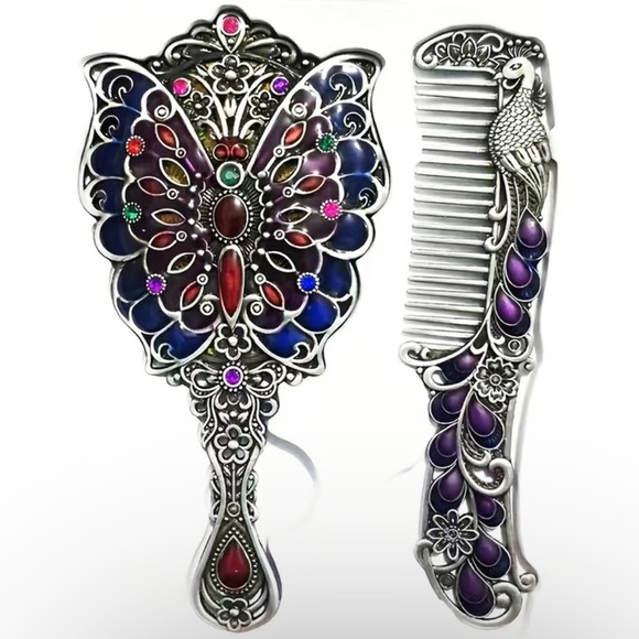 Other - Antique Inspired Metal Mirror and Comb Set With Embossed Butterfly